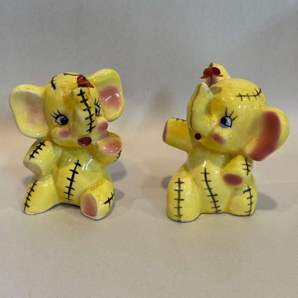 Vintage 1950's Yellow Elephant Salt Pepper Shakers Japan Ceramic Stitched Detail